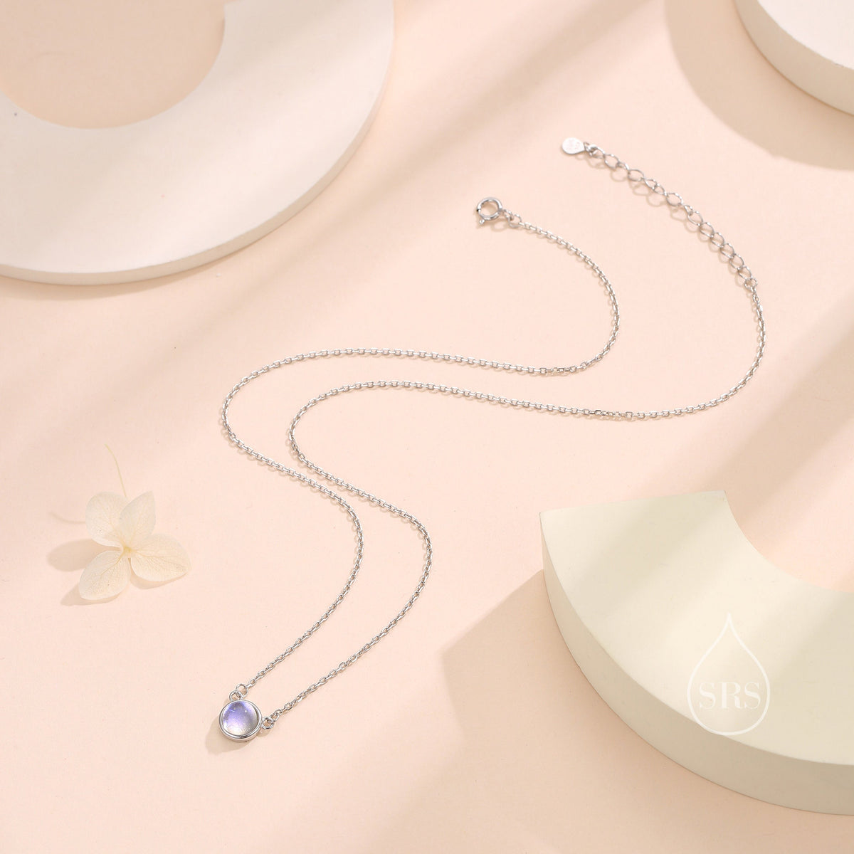 Sterling Silver Moonstone Dainty Coin Pendant Necklace - Delicate Lab Moonstone Coin Necklace