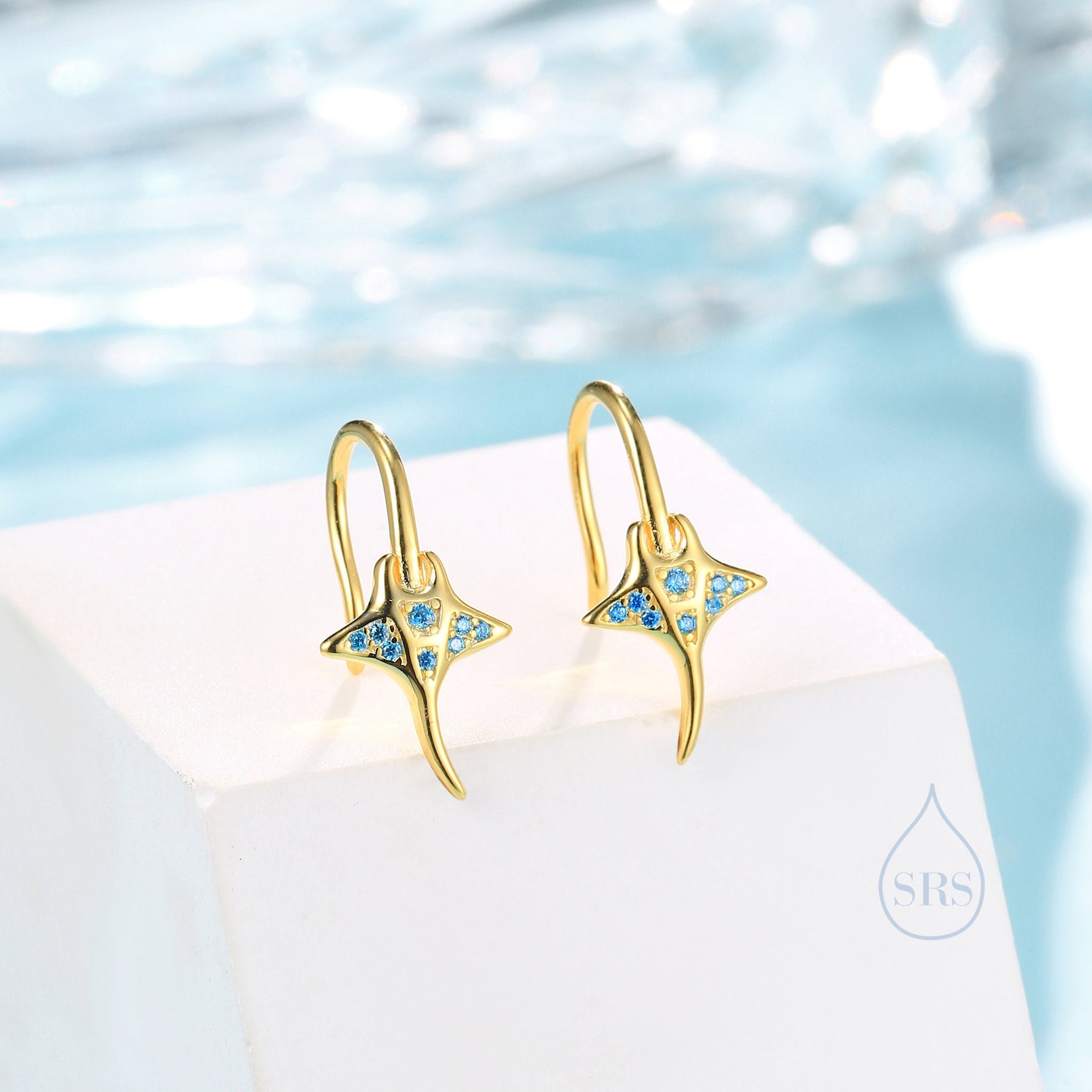Sterling Silver Manta Ray Fish Drop Hook Earrings with Blue CZ, Stingray Dangle Hoop Earrings, Dainty Fish Dangle Earrings
