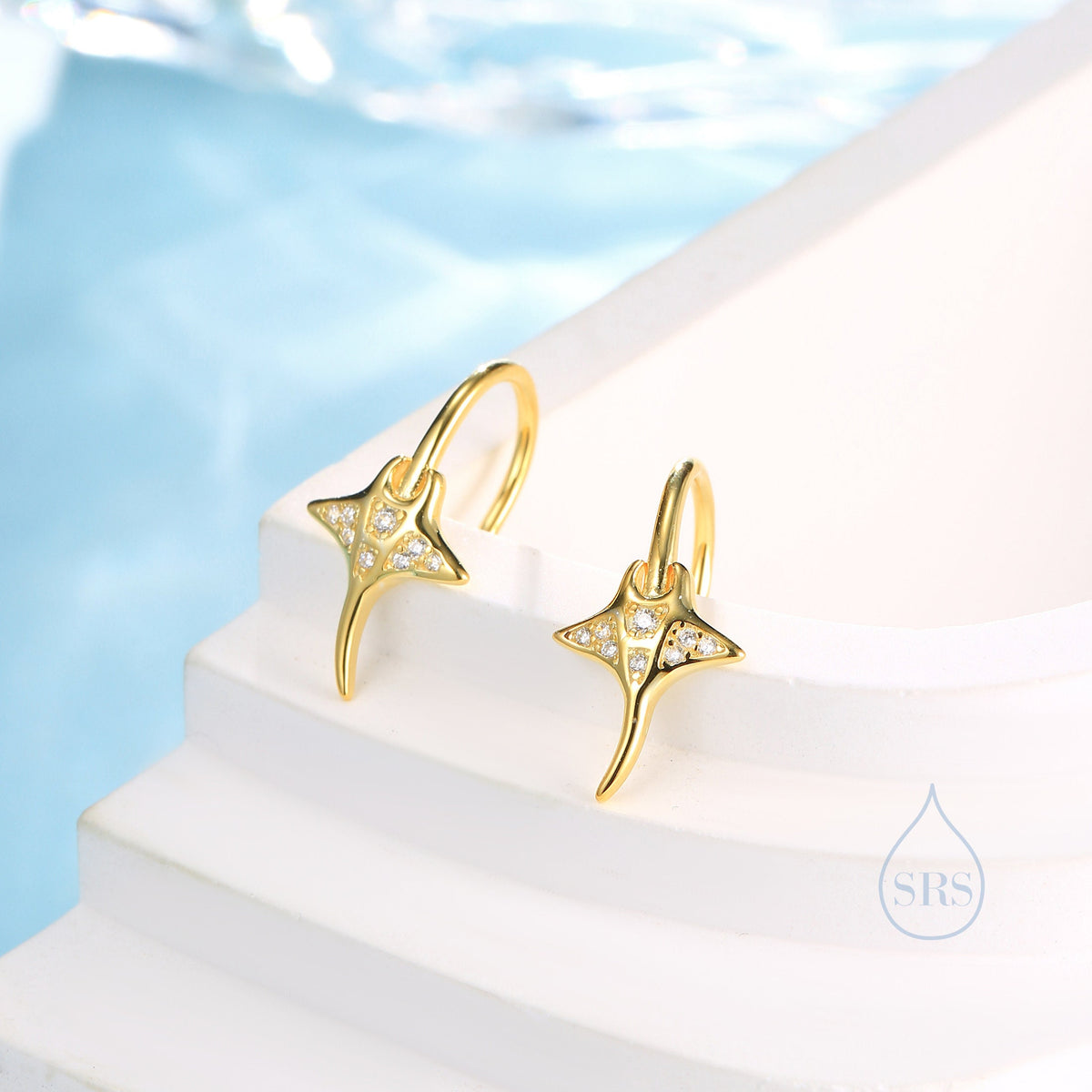 Sterling Silver Manta Ray Fish Drop Hook Earrings with CZ, Stingray Dangle Hoop Earrings, Dainty Zircon Fish Dangle Earrings