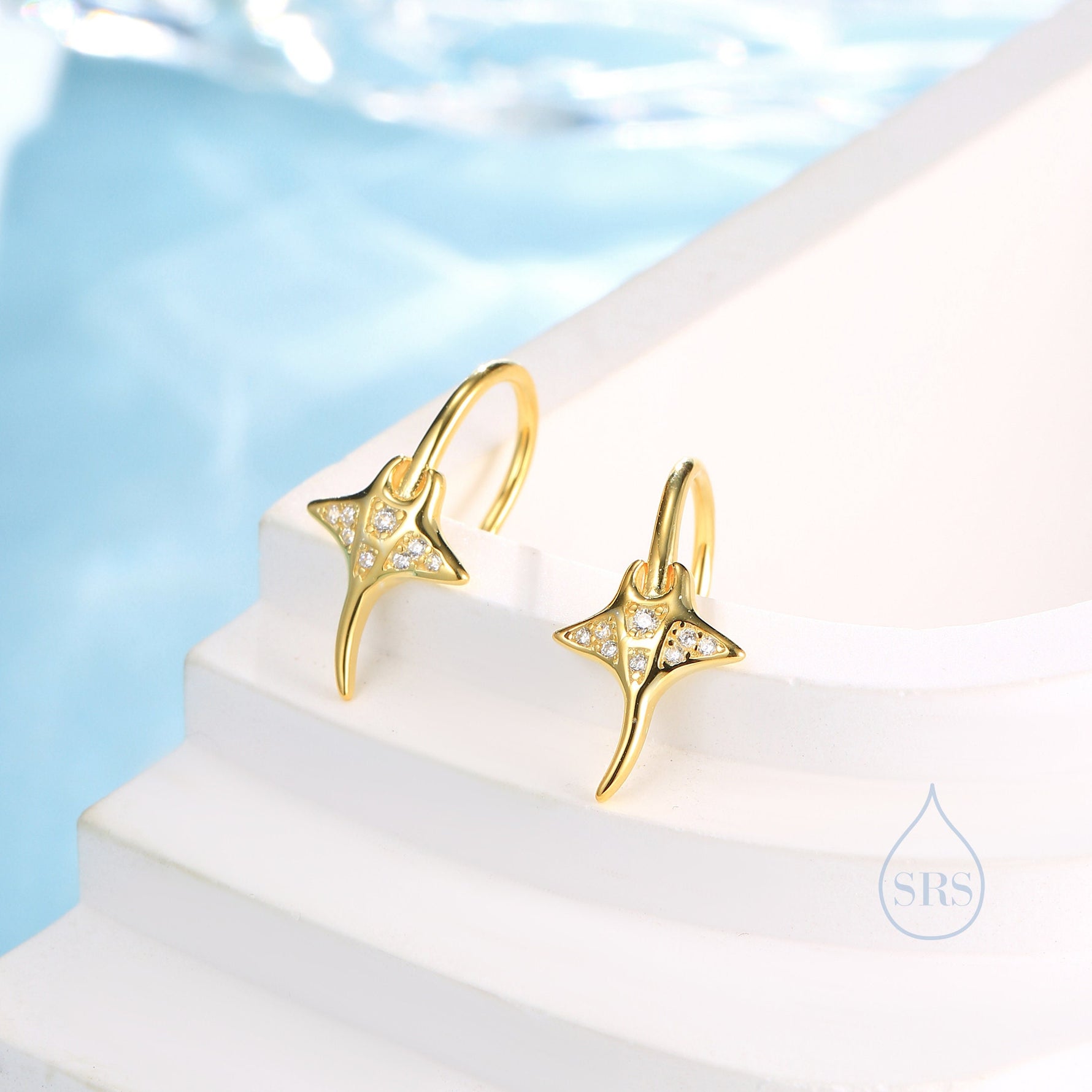 Sterling Silver Manta Ray Fish Drop Hook Earrings with CZ, Stingray Dangle Hoop Earrings, Dainty Zircon Fish Dangle Earrings