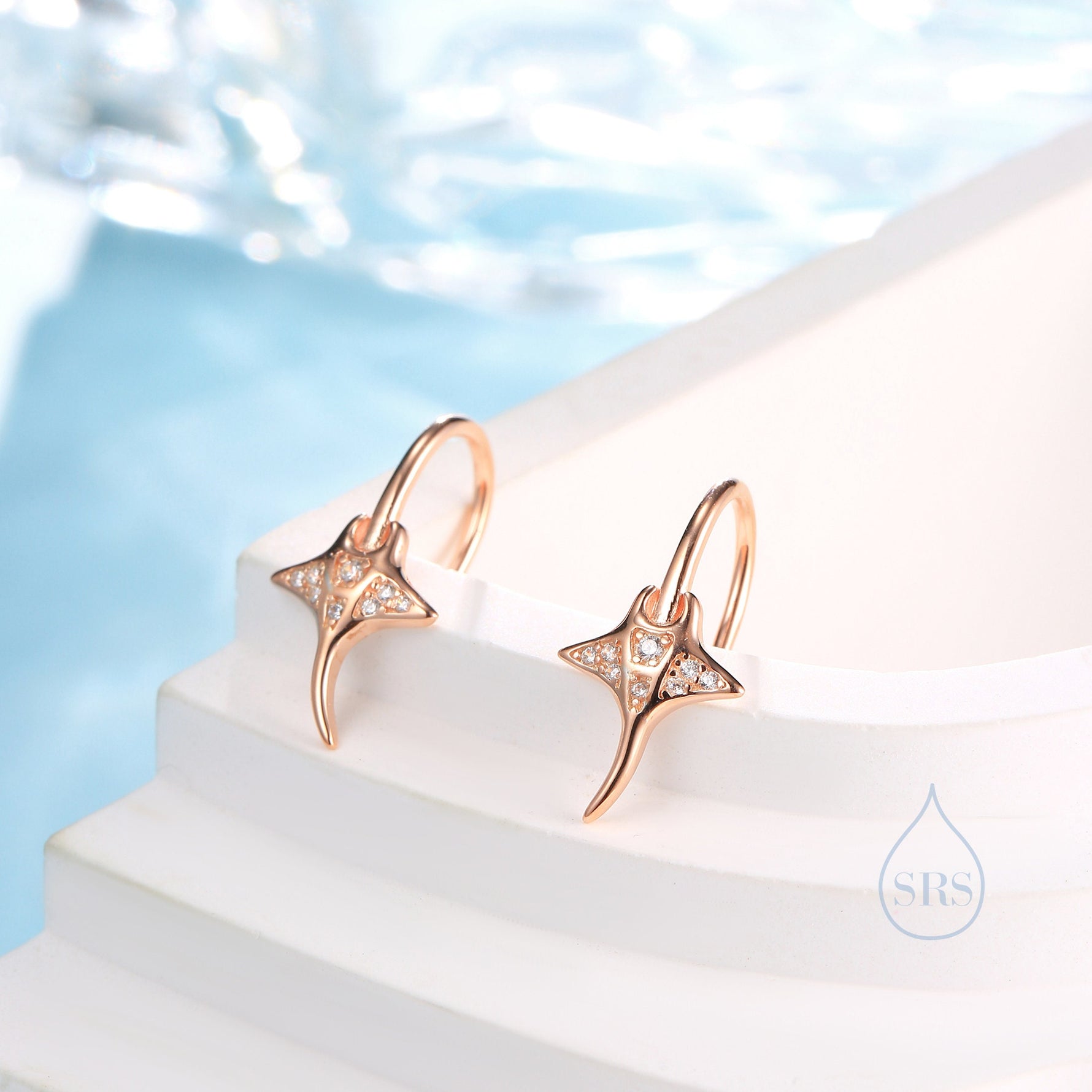 Sterling Silver Manta Ray Fish Drop Hook Earrings with CZ, Stingray Dangle Hoop Earrings, Dainty Zircon Fish Dangle Earrings