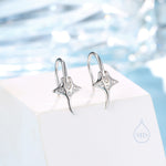 Sterling Silver Manta Ray Fish Drop Hook Earrings with CZ, Stingray Dangle Hoop Earrings, Dainty Zircon Fish Dangle Earrings