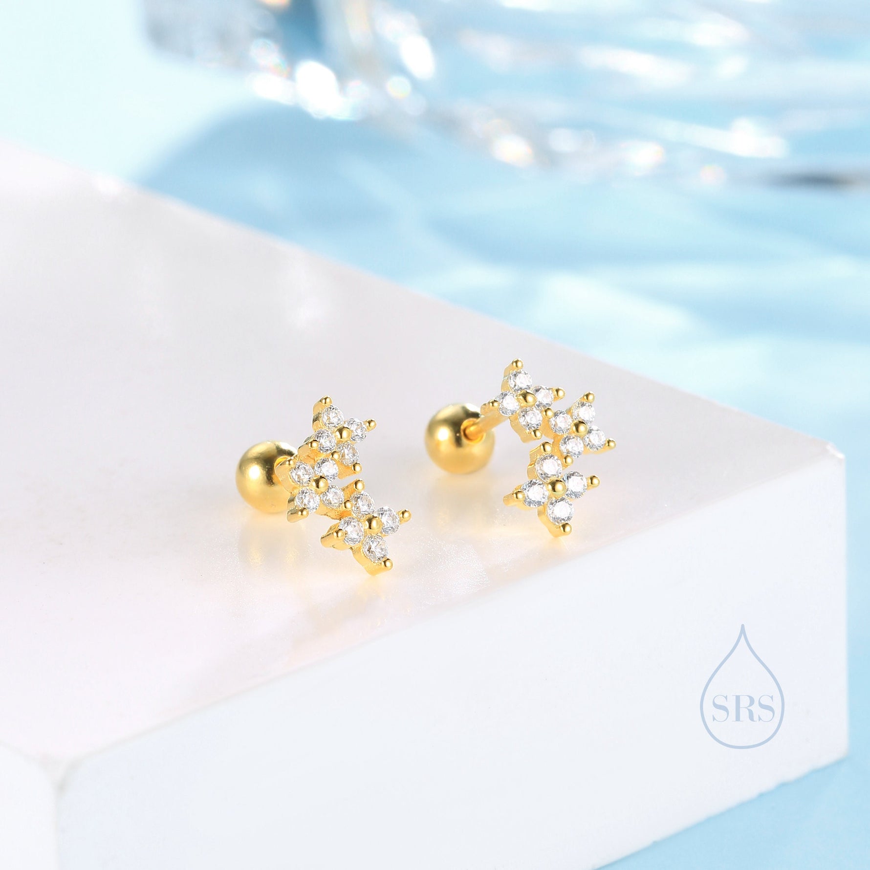 Tiny Hydrangea Bouquet CZ Screw Back Earrings in Sterling Silver, Silver, Gold or Rose Gold, Three CZ Flower Earrings, CZ Cluster Earrings