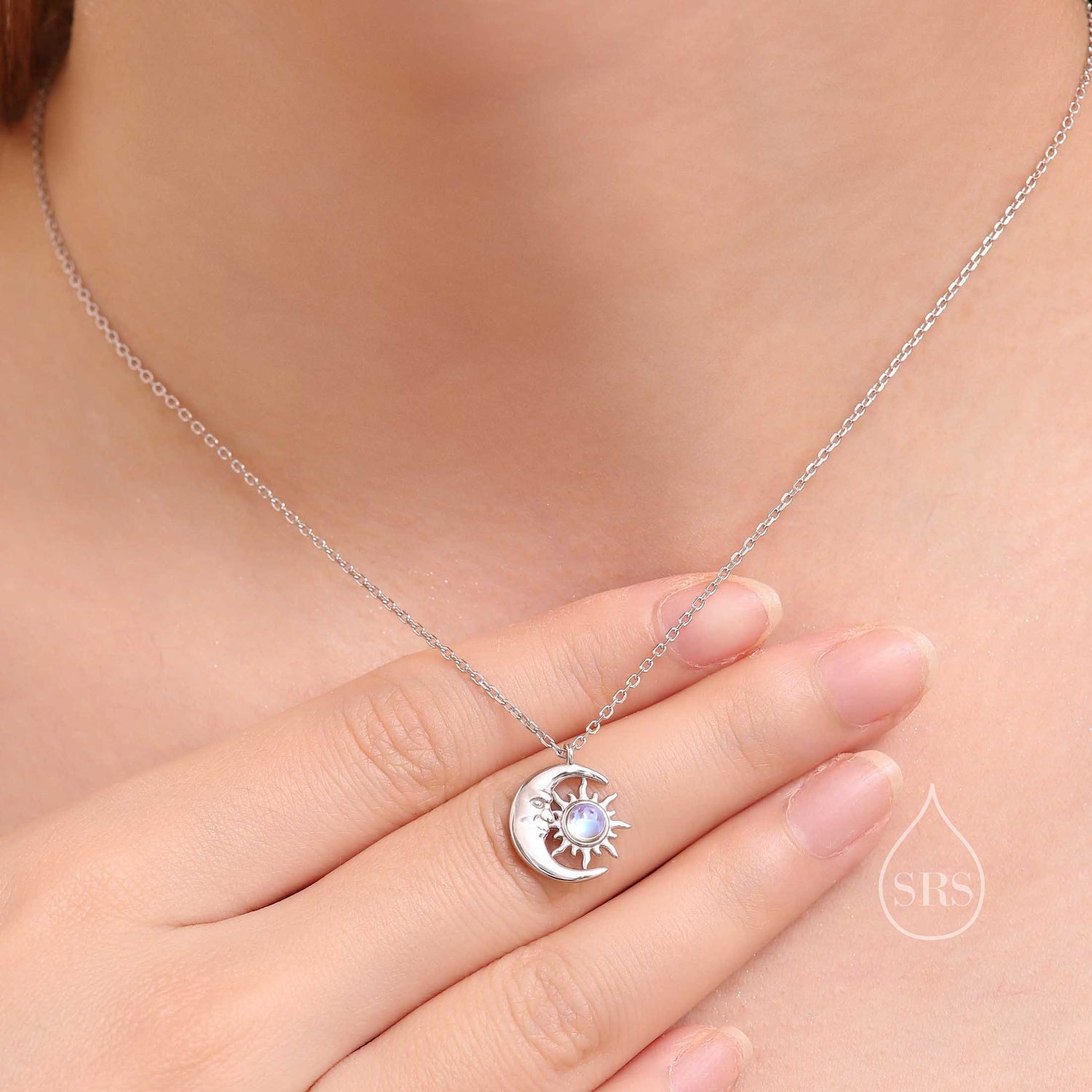 Moonstone Moon and Star Pendant Necklace in Sterling Silver, Silver or Gold, Man in the Moon, Moonstone Starburst, Moon and Sun, Moon Face