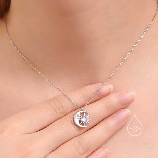 Moonstone Moon and Star Pendant Necklace in Sterling Silver, Silver or Gold, Man in the Moon, Moonstone Starburst, Moon and Sun, Moon Face