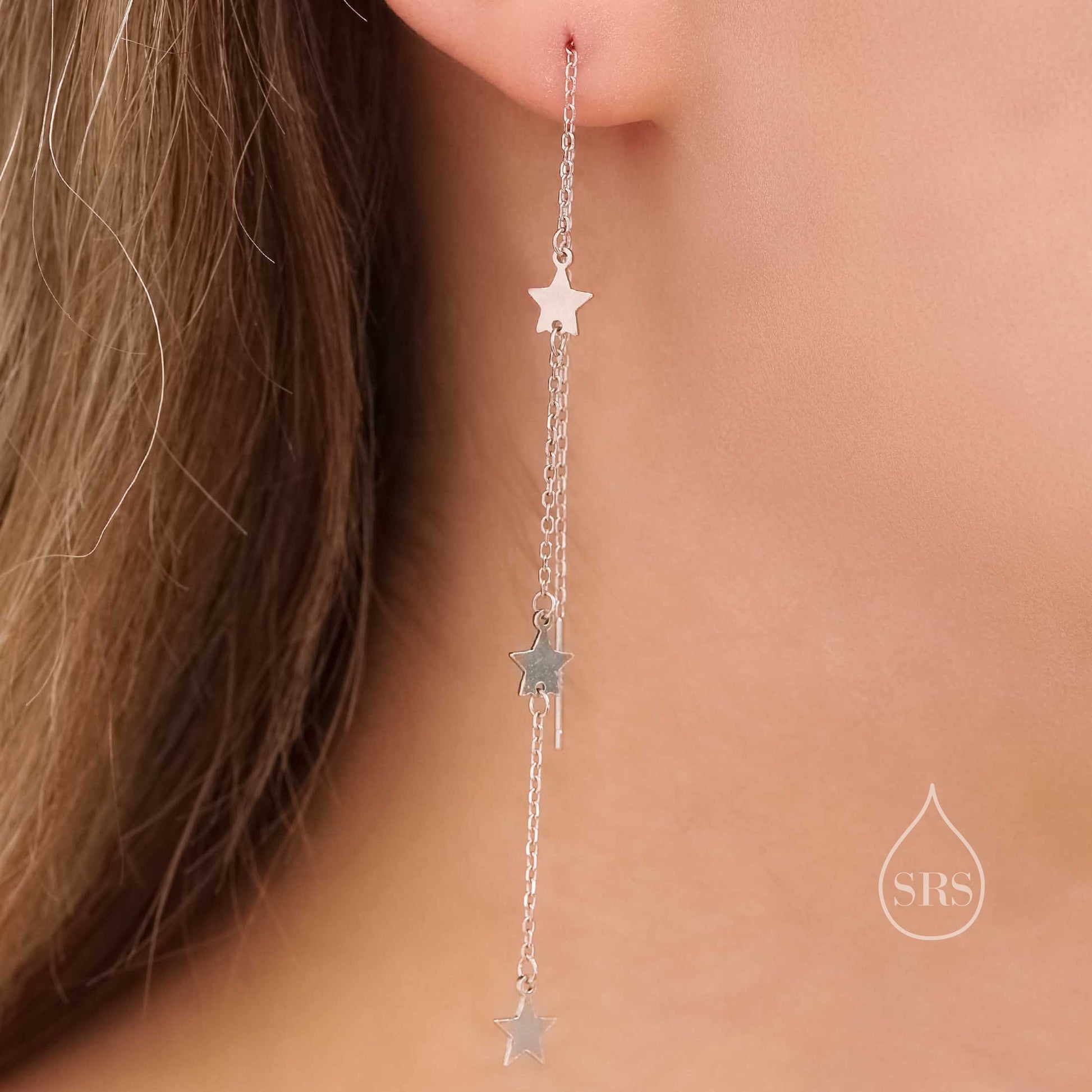 Three Star Cascade Threader Earrings in Sterling Silver, Star Ear Threaders, Silver, Gold or Rose Gold, Star Threaders, Long Threaders
