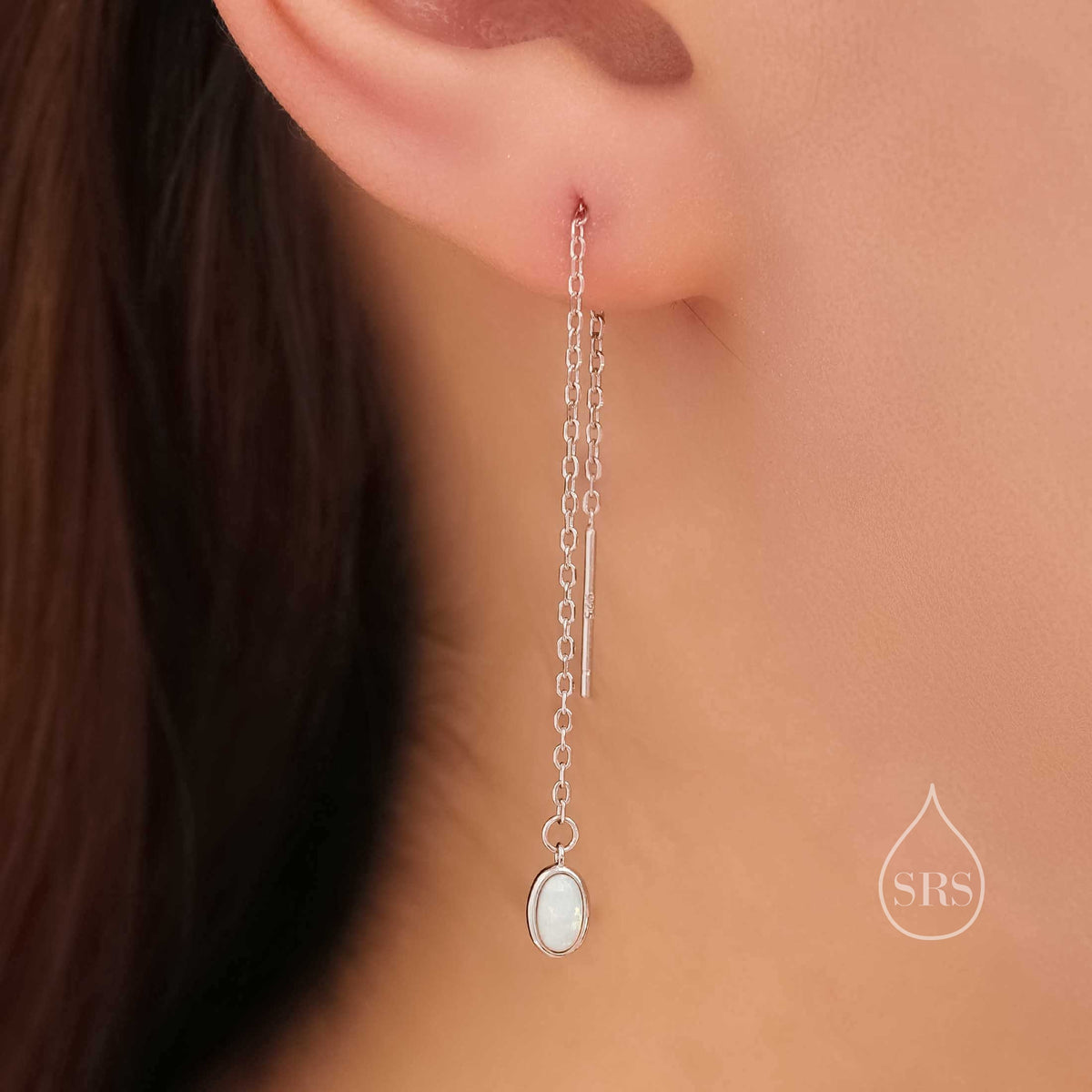 Green Opal Oval Threader Earrings in Sterling Silver, Silver or Gold, Opal Ear Threaders, Opal Earrings, Ear Threaders