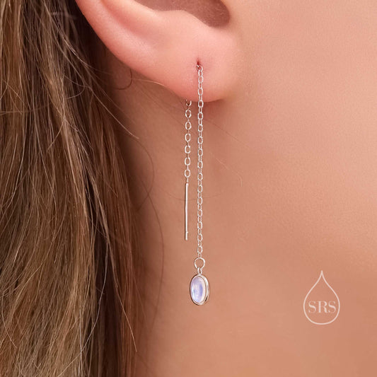 Moonstone Oval Threader Earrings in Sterling Silver, Simulated Moonstone Threaders, Mermaid Crystal Earrings, Ear Threaders