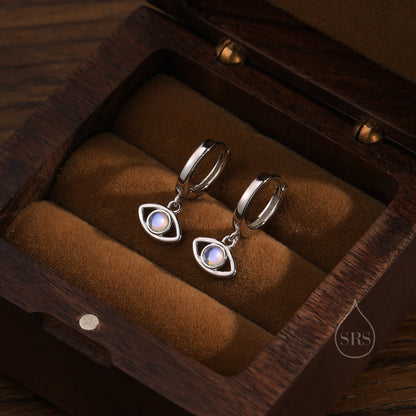 Moonstone Evil Eye Huggie Hoop Earrings in Sterling Silver, Silver or Gold Eye Hoops, Simulated Moonstone,  Evil Eye Earrings