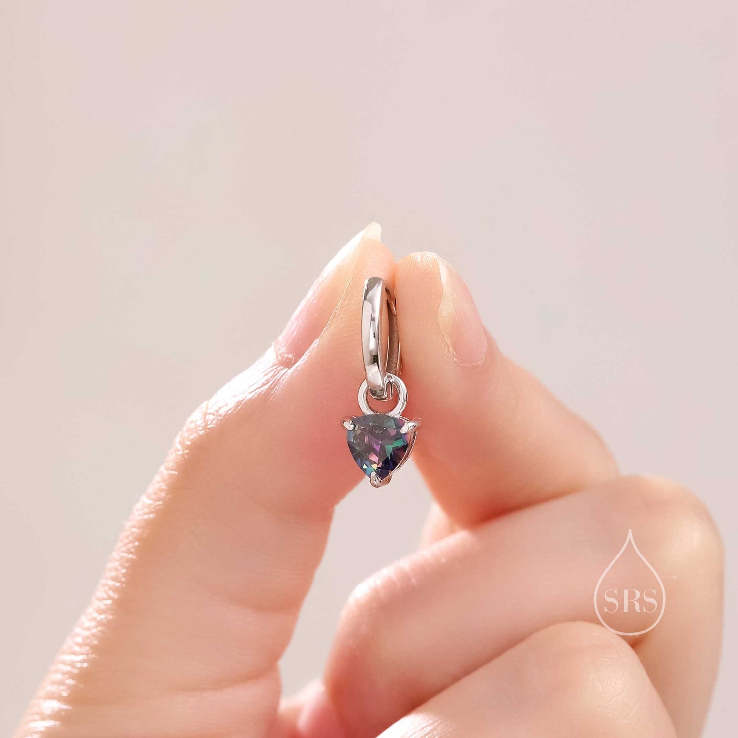 Sterling Silver Mystic Black Trillion Cut CZ Hoop Earrings, Silver or Gold, Triangle Dangle Hoop Earrings, Interchangeable Charm