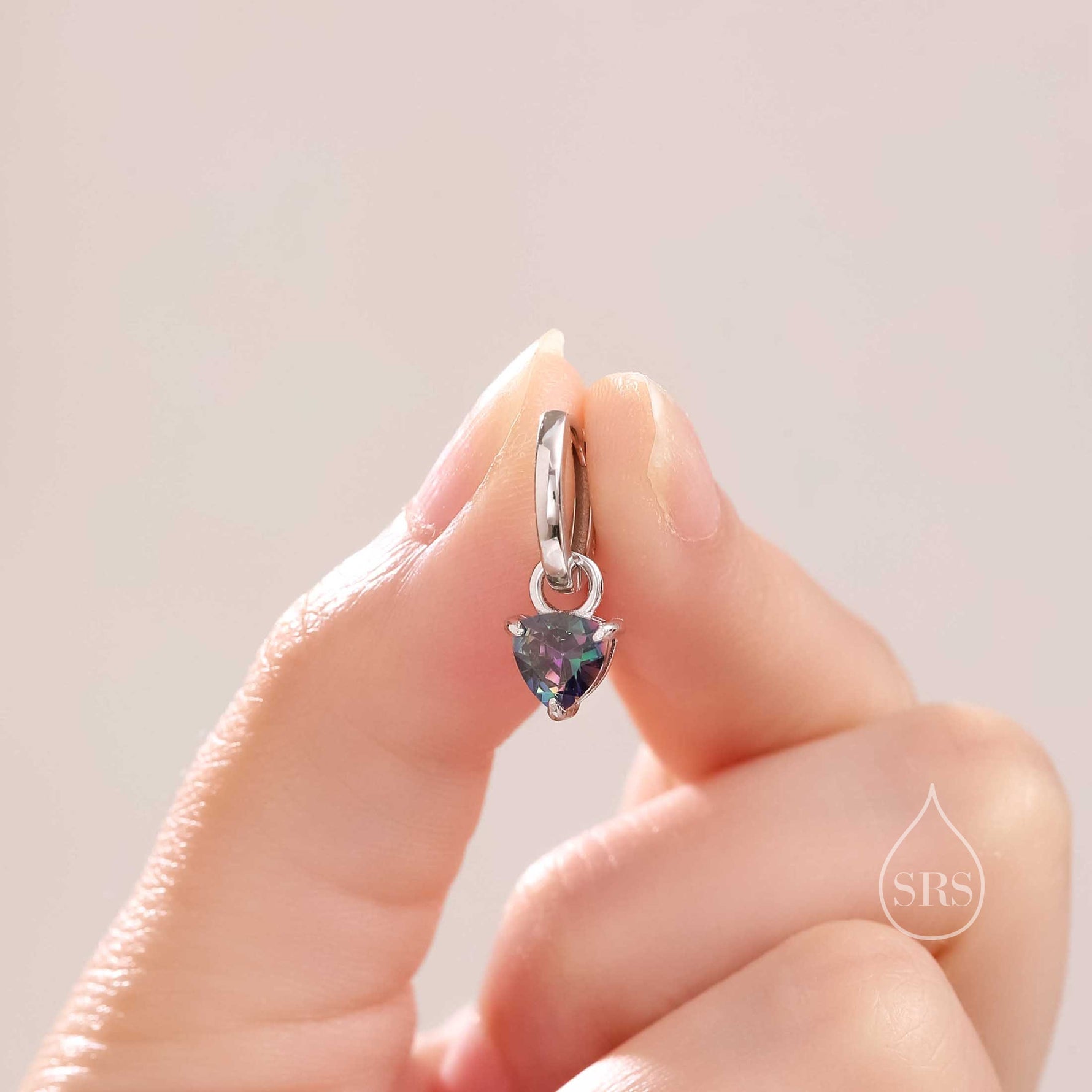 Sterling Silver Mystic Black Trillion Cut CZ Hoop Earrings, Silver or Gold, Triangle Dangle Hoop Earrings, Interchangeable Charm