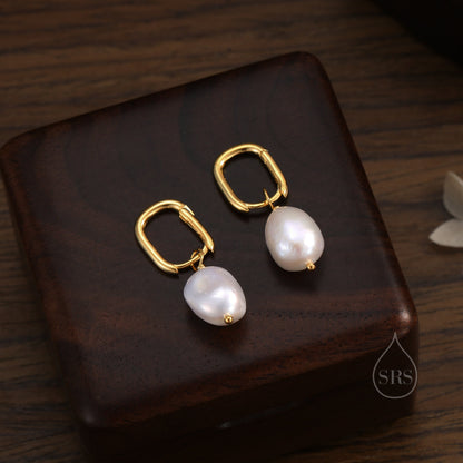 Sale! Rectangular Hoops with Dangling Baroque Pearl Drop Earrings in Sterling Silver, Silver or Gold, Keshi Pearl Earrings, Oval Hoops with Pearls