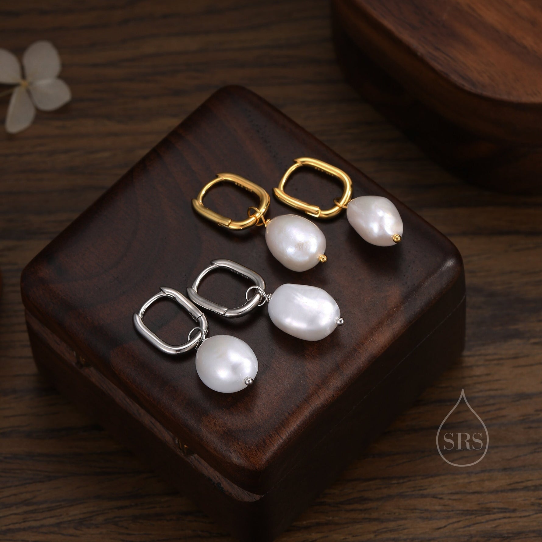 Sale! Rectangular Hoops with Dangling Baroque Pearl Drop Earrings in Sterling Silver, Silver or Gold, Keshi Pearl Earrings, Oval Hoops with Pearls