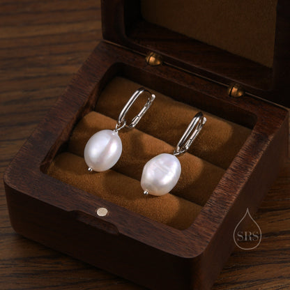 Sale! Rectangular Hoops with Dangling Baroque Pearl Drop Earrings in Sterling Silver, Silver or Gold, Keshi Pearl Earrings, Oval Hoops with Pearls