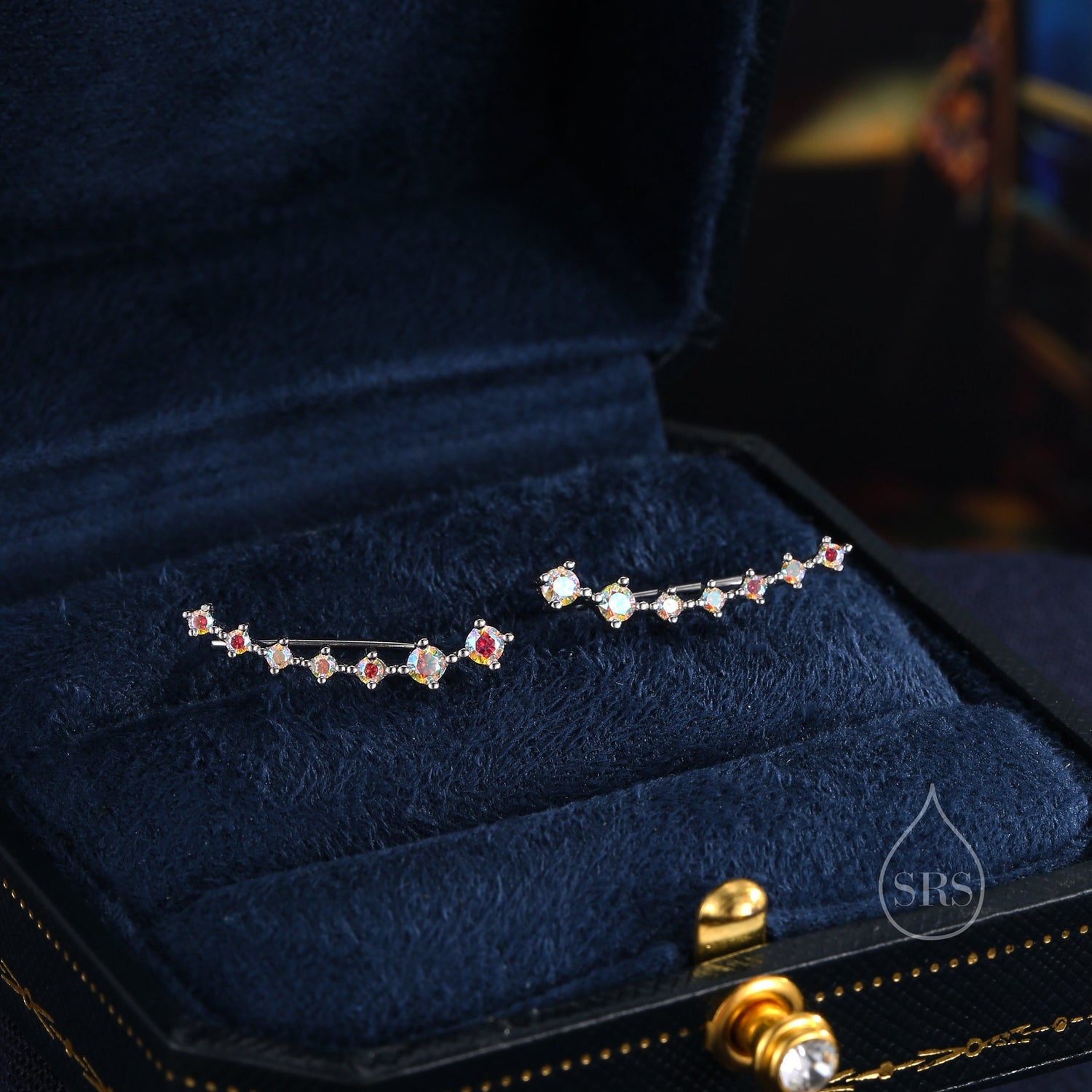 Sterling Silver Aurora AB CZ Ear Crawler Earrings with Sparkly CZ Crystals, Silver or Gold