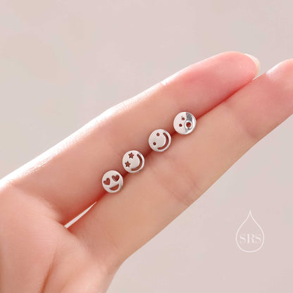 Set of Four Face Stud Earrings in Sterling Silver, Silver or Gold or Rose Gold, Sterling Silver Cute Face Smile Earrings
