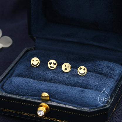 Set of Four Face Stud Earrings in Sterling Silver, Silver or Gold or Rose Gold, Sterling Silver Cute Face Smile Earrings