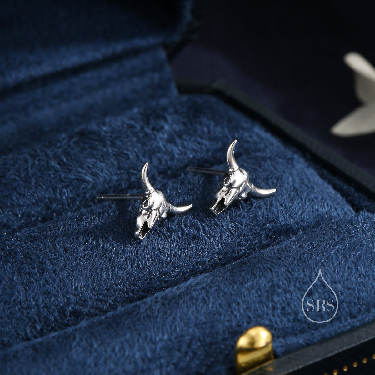 Sterling Silver Tiny Bull Skull Stud Earrings, Silver or Gold or Rose Gold, Bull Skeleton Earrings in Sterling Silver