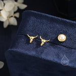Sterling Silver Tiny Bull Skull Stud Earrings, Silver or Gold or Rose Gold, Bull Skeleton Earrings in Sterling Silver