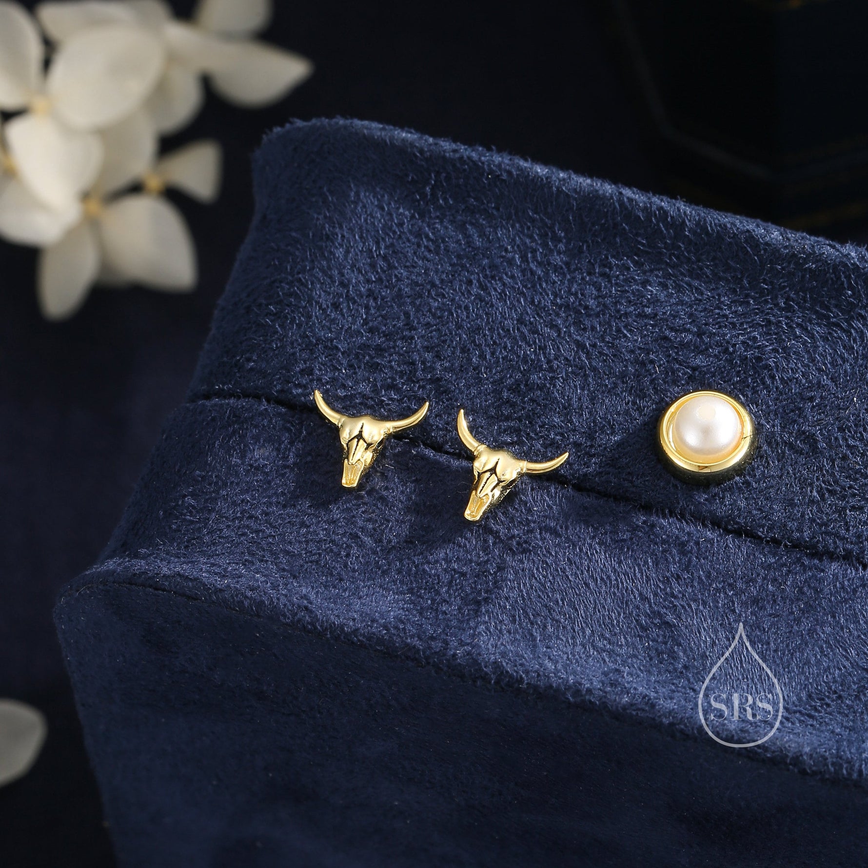 Sterling Silver Tiny Bull Skull Stud Earrings, Silver or Gold or Rose Gold, Bull Skeleton Earrings in Sterling Silver