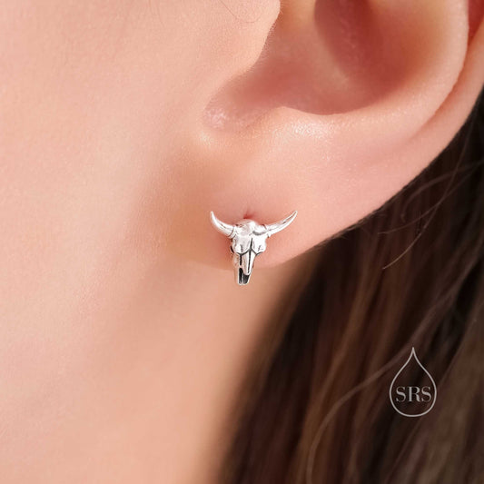 Sterling Silver Tiny Bull Skull Stud Earrings, Silver or Gold or Rose Gold,  Bull Skeleton Earrings in Sterling Silver