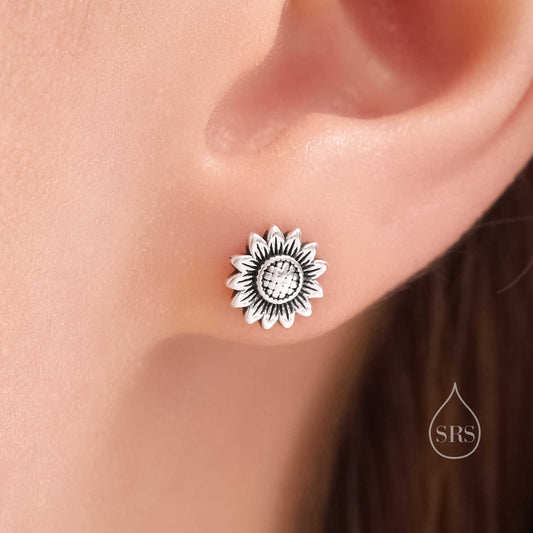 Sunflower Stud Earrings in Sterling Silver, Oxidised Silver or Gold, Delicate Sunflower Earrings