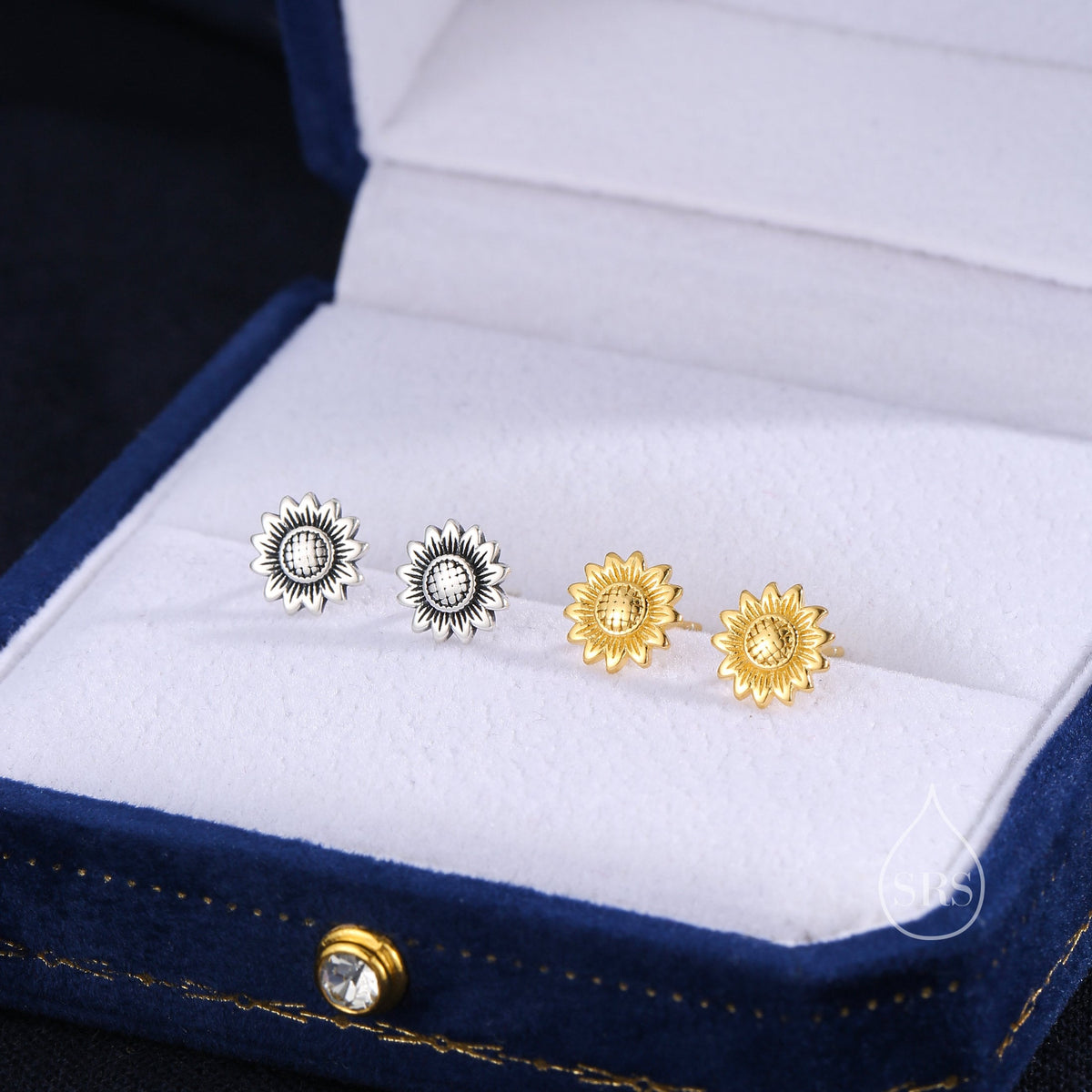 Sunflower Stud Earrings in Sterling Silver, Oxidised Silver or Gold, Delicate Sunflower Earrings