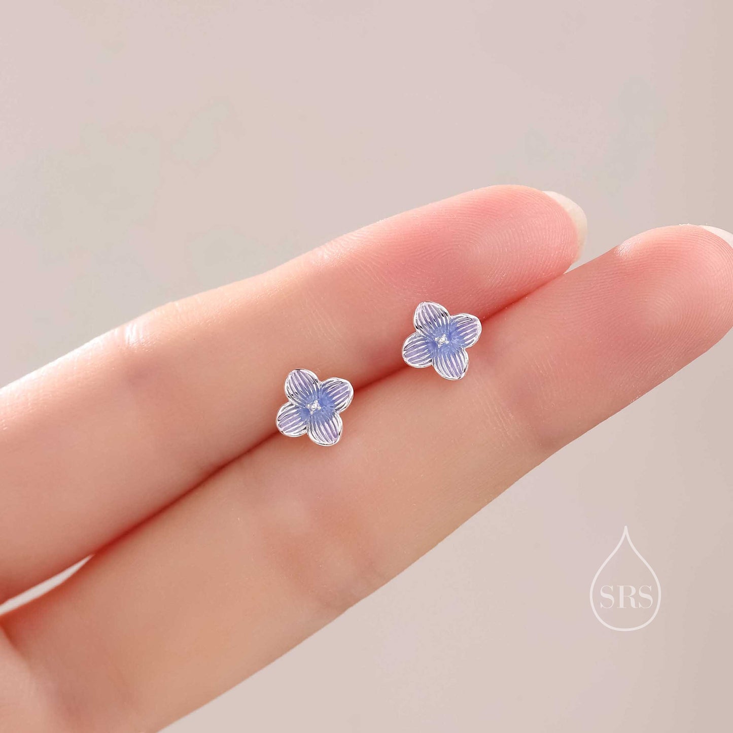 Hand Painted Hydrangea Flower Stud Earrings in Sterling Silver, Available in two Colours, Enamel Flower Earrings