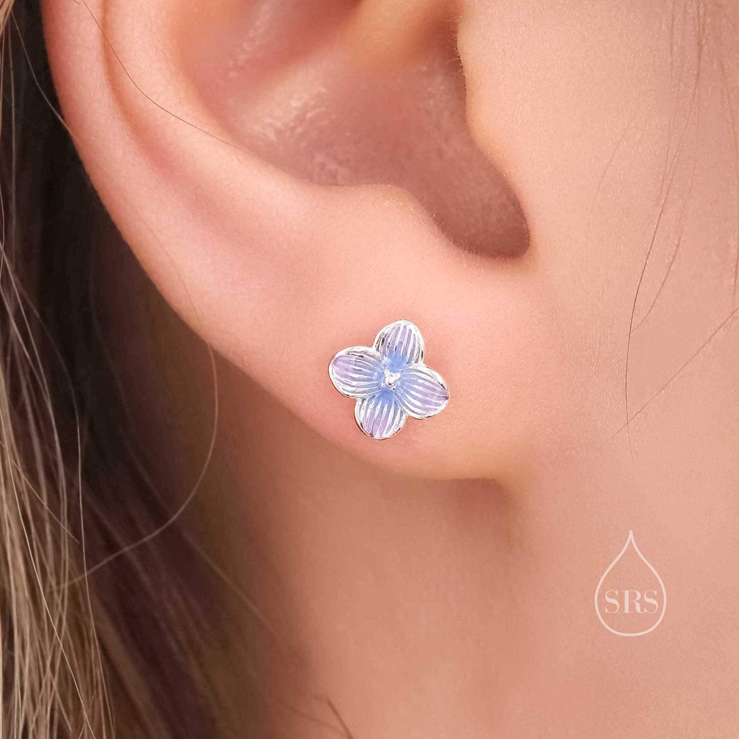 Hand Painted Hydrangea Flower Stud Earrings in Sterling Silver, Available in two Colours, Enamel Flower Earrings