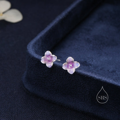 Hand Painted Hydrangea Flower Stud Earrings in Sterling Silver, Available in two Colours, Enamel Flower Earrings