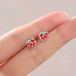 Enamel Strawberry Stud Earrings in Sterling Silver, Hand Painted Enamel, Sterling Silver Strawberry Earrings, Fruit Earrings