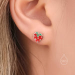 Enamel Strawberry Stud Earrings in Sterling Silver, Hand Painted Enamel, Sterling Silver Strawberry Earrings, Fruit Earrings