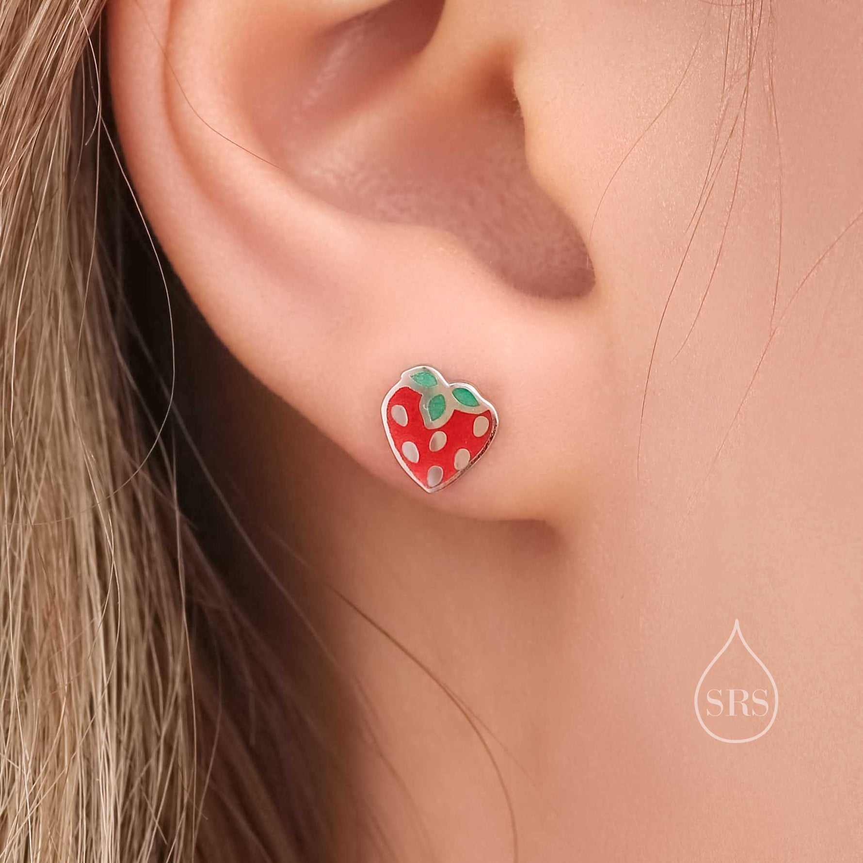 Enamel Strawberry Stud Earrings in Sterling Silver, Hand Painted Enamel, Sterling Silver Strawberry Earrings, Fruit Earrings