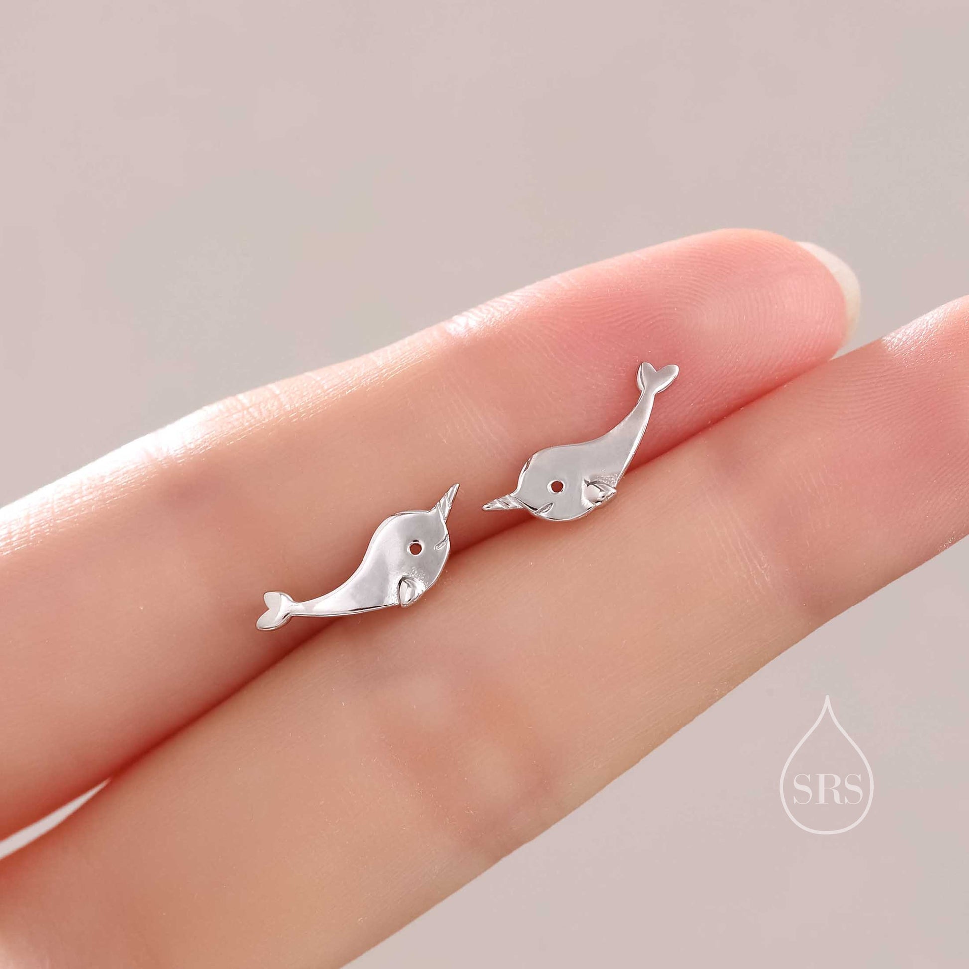 Narwhal Unicorn Whale Stud Earrings in Sterling Silver, Cute Fun Quirky, Gift for Her, Animal Lover, Nature Inspired, Nautical Ocean