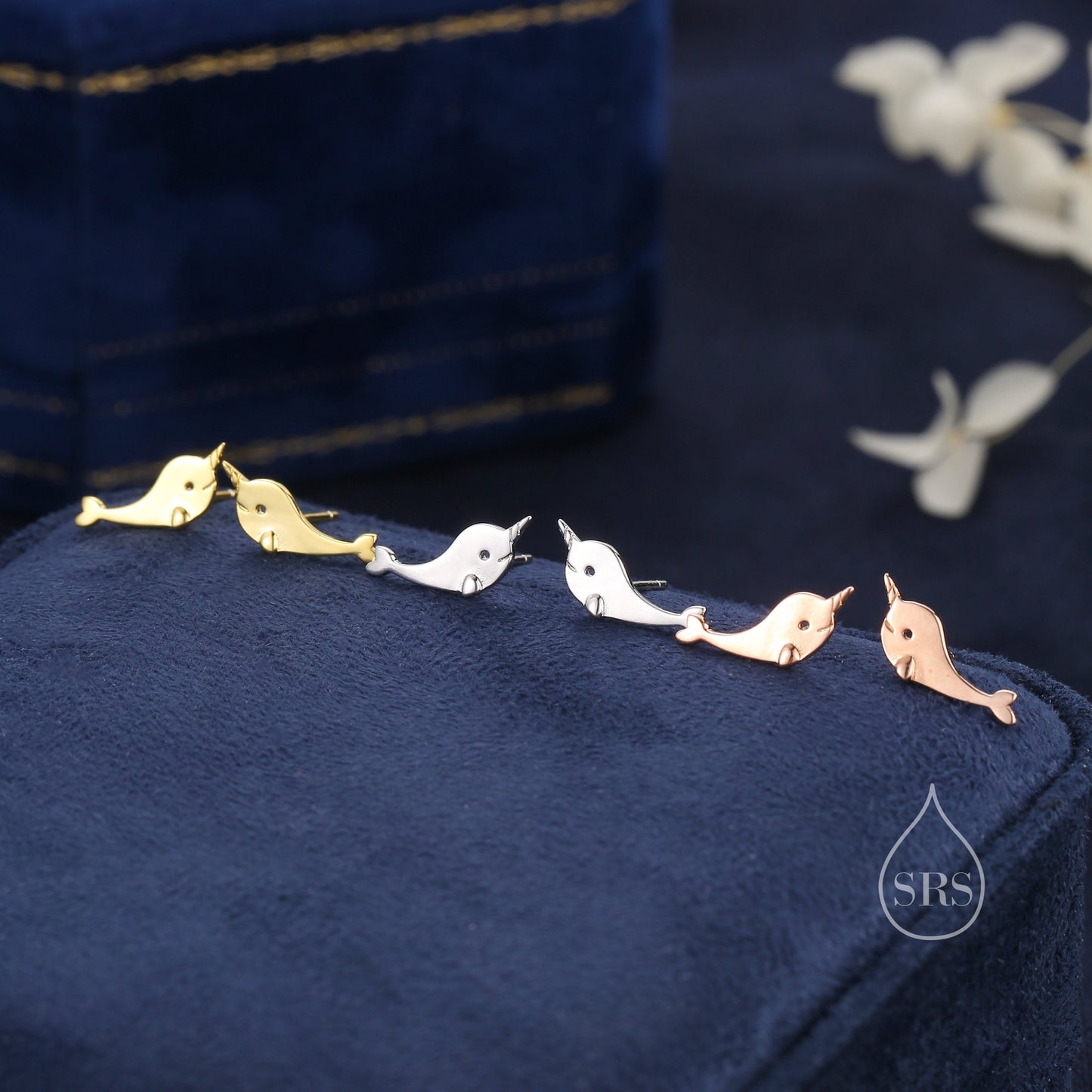 Narwhal Unicorn Whale Stud Earrings in Sterling Silver, Cute Fun Quirky, Gift for Her, Animal Lover, Nature Inspired, Nautical Ocean