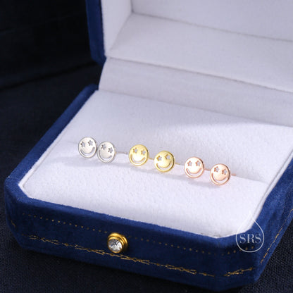 Starry Eyed Face Stud Earrings in Sterling Silver, Silver or Gold or Rose Gold, Sterling Silver Smile Earrings