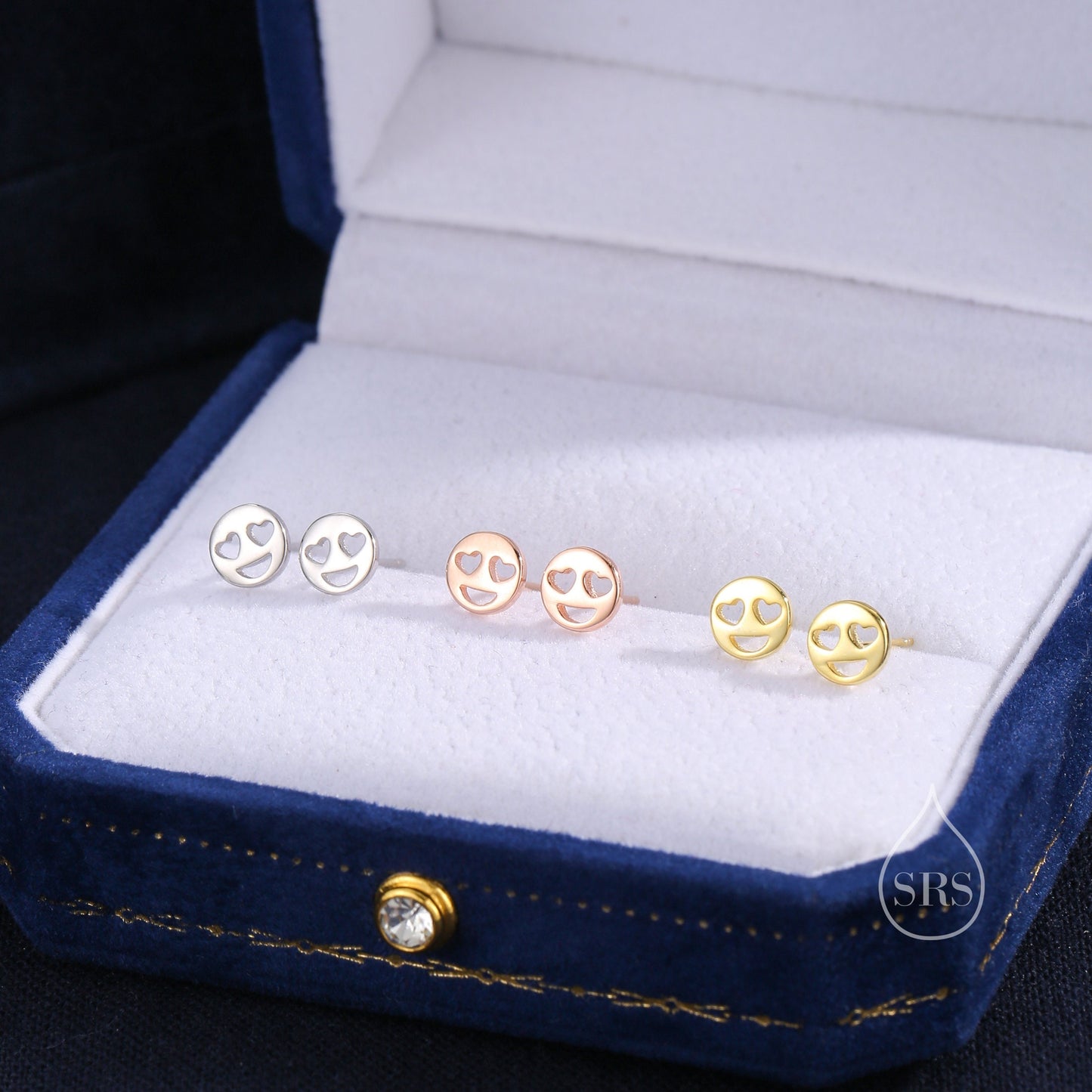 Heart Eyes Face Stud Earrings in Sterling Silver, Silver or Gold or Rose Gold, Sterling Silver Smile Earrings