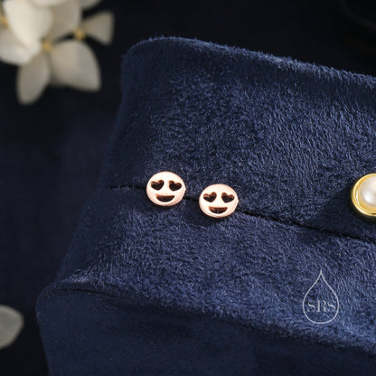 Heart Eyes Face Stud Earrings in Sterling Silver, Silver or Gold or Rose Gold, Sterling Silver Smile Earrings