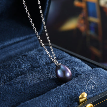 Natural Black Pearl Necklace in Sterling Silver, Genuine Freshwater Pearl Pendant Necklace in Sterling Silver, Minimalist Oval Pearl