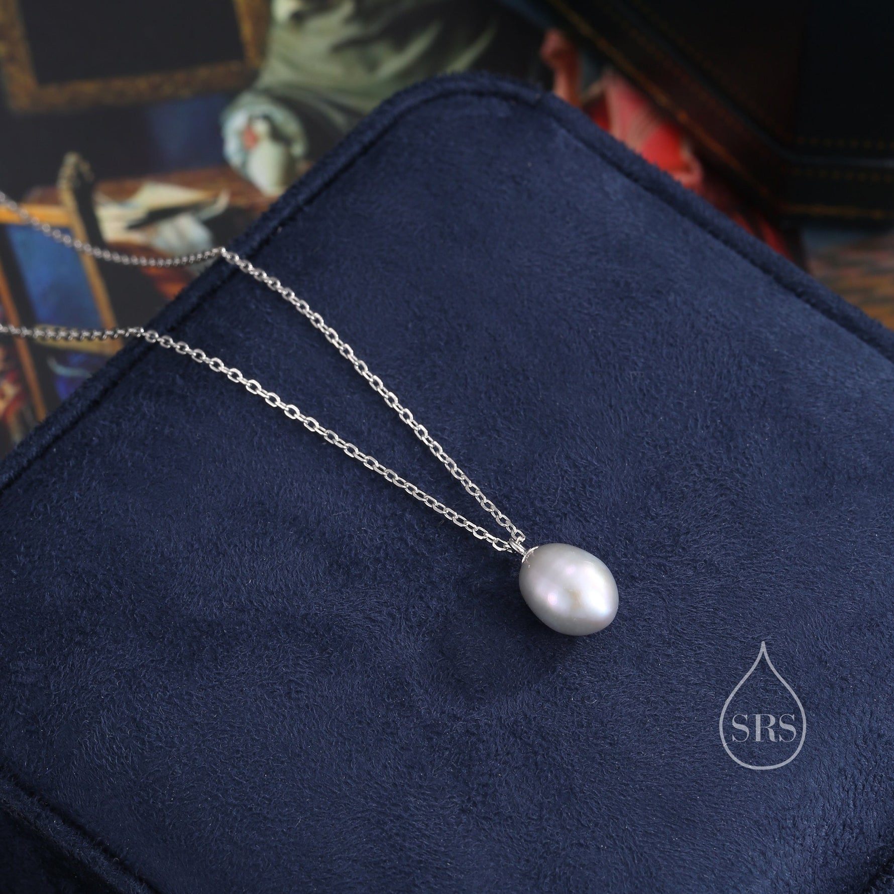 Natural Metallic Grey Pearl Necklace in Sterling Silver, Genuine Freshwater Pearl Pendant Necklace in Sterling Silver, Oval Pearl