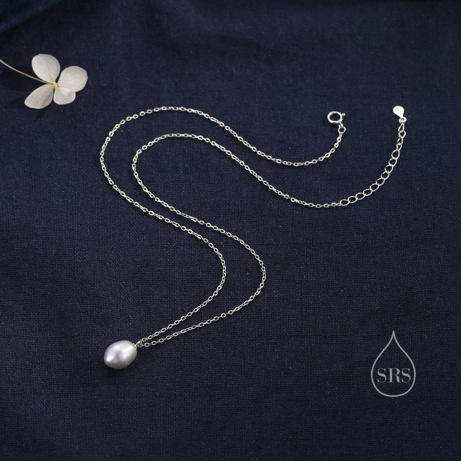 Natural Metallic Grey Pearl Necklace in Sterling Silver, Genuine Freshwater Pearl Pendant Necklace in Sterling Silver, Oval Pearl