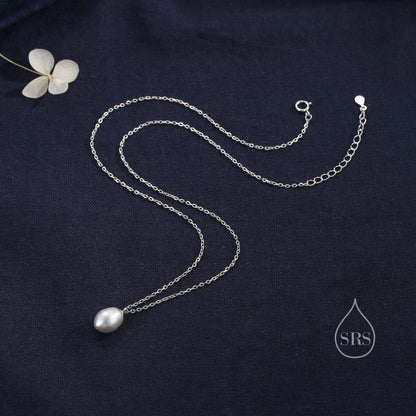 Natural Metallic Grey Pearl Necklace in Sterling Silver, Genuine Freshwater Pearl Pendant Necklace in Sterling Silver, Oval Pearl