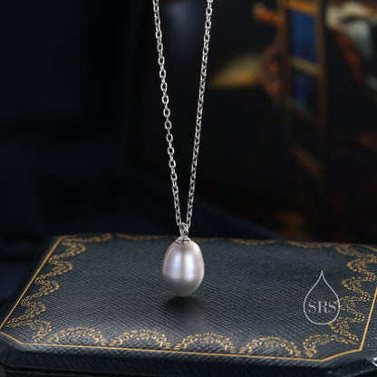 Natural Metallic Grey Pearl Necklace in Sterling Silver, Genuine Freshwater Pearl Pendant Necklace in Sterling Silver, Oval Pearl