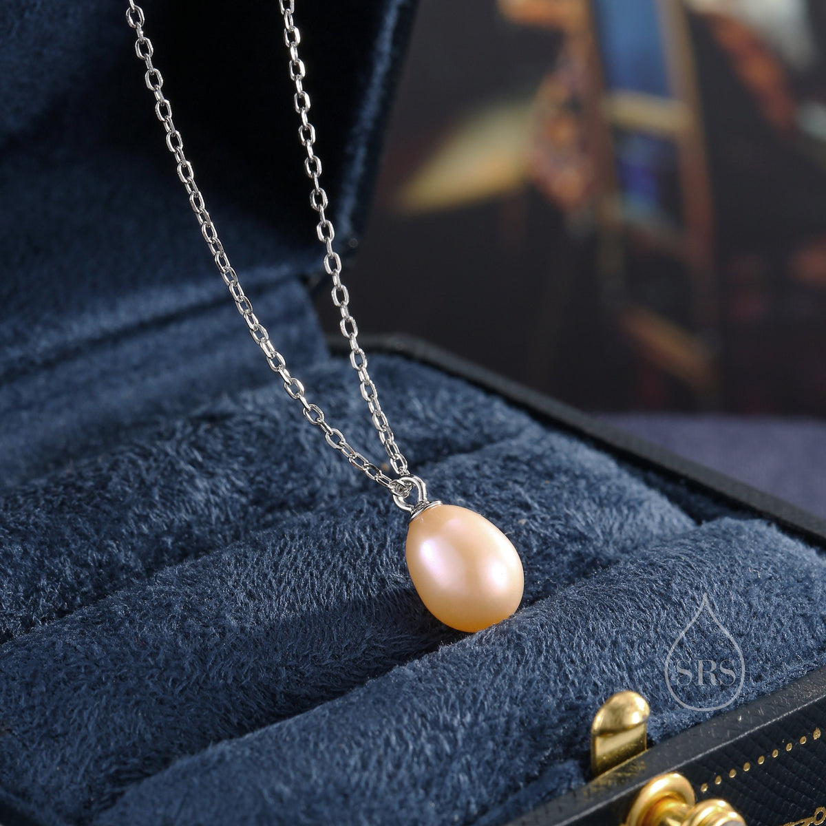 Natural Pink Pearl Necklace in Sterling Silver, Genuine Freshwater Pearl Pendant Necklace in Sterling Silver, Oval Pearl