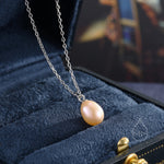 Natural Pink Pearl Necklace in Sterling Silver, Genuine Freshwater Pearl Pendant Necklace in Sterling Silver, Oval Pearl