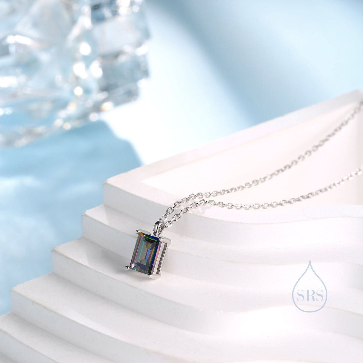 Emerald Cut Mystic Black CZ Pendant Necklace in Sterling Silver, Rectangular Cut Crystal Earrings, Mystic Topaz