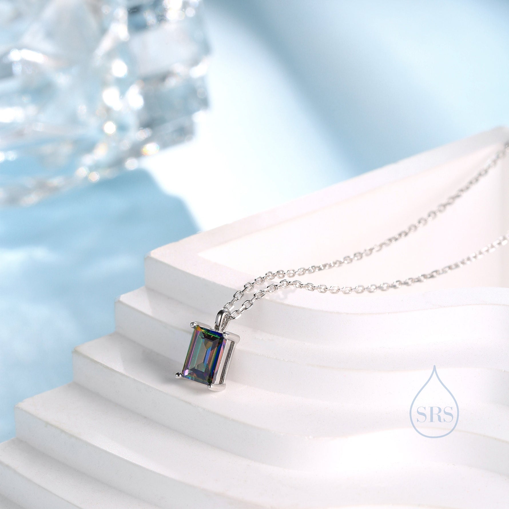 Emerald Cut Mystic Black CZ Pendant Necklace in Sterling Silver, Rectangular Cut Crystal Earrings, Mystic Topaz