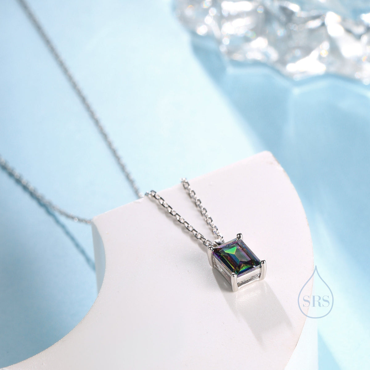 Emerald Cut Mystic Black CZ Pendant Necklace in Sterling Silver, Rectangular Cut Crystal Earrings, Mystic Topaz