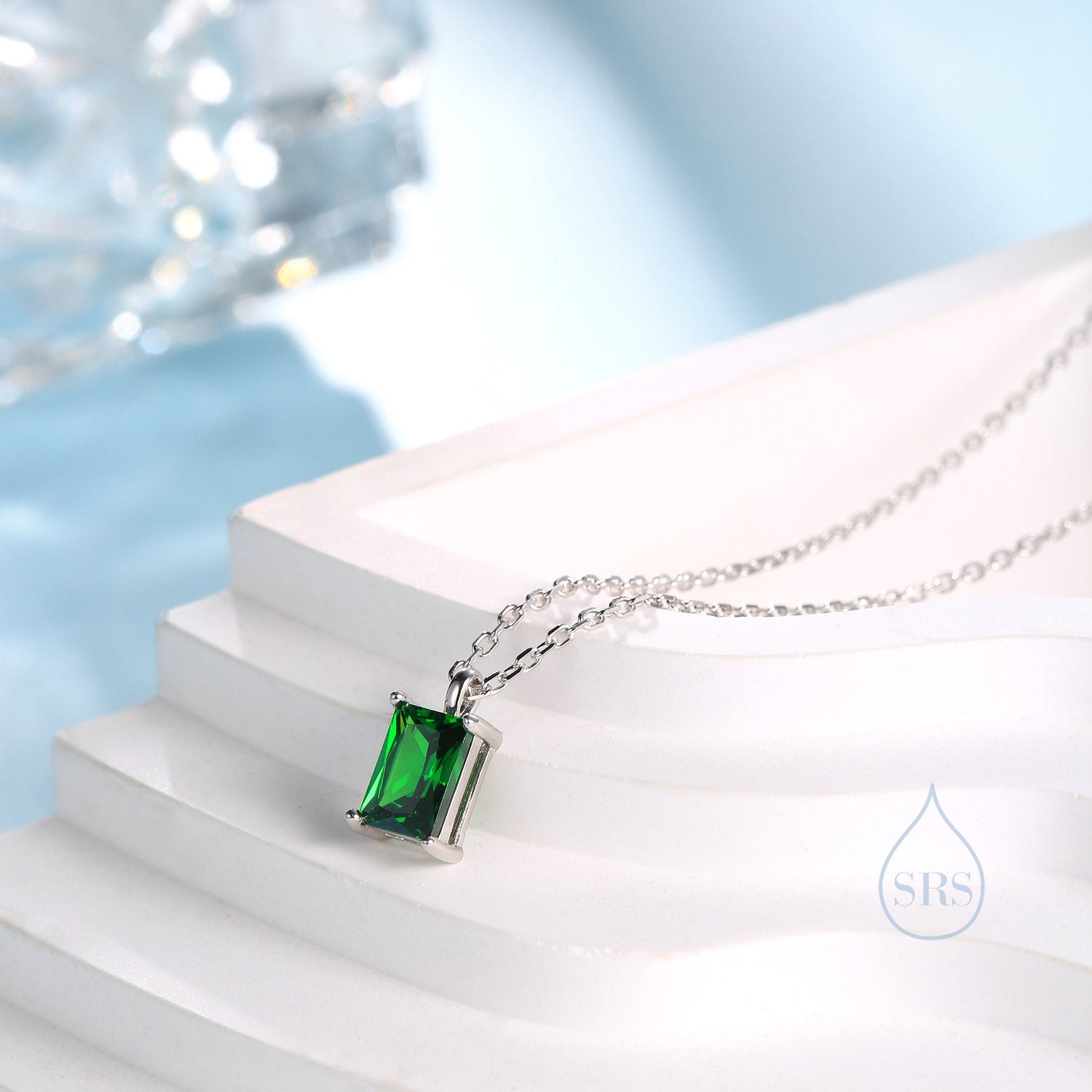 Emerald Cut Emerald Green CZ Pendant Necklace in Sterling Silver, Rectangular Cut Crystal Earrings, Green CZ Necklace