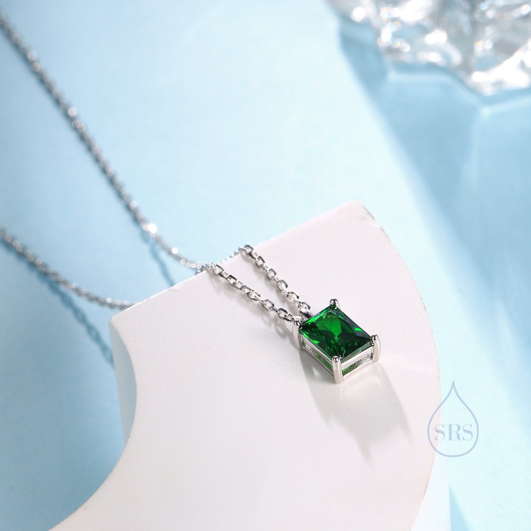 Emerald Cut Emerald Green CZ Pendant Necklace in Sterling Silver, Rectangular Cut Crystal Earrings, Green CZ Necklace